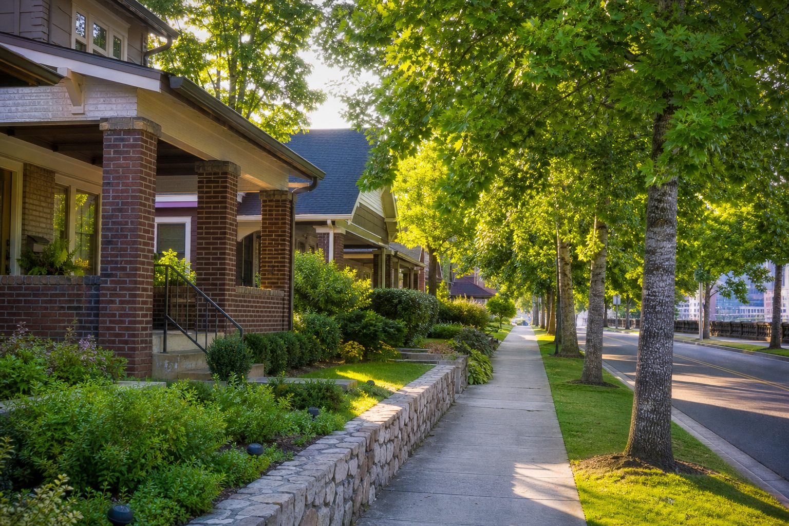 AI-generated concept image of a walkable riverside street in Chattanooga's North Shore neighborhood