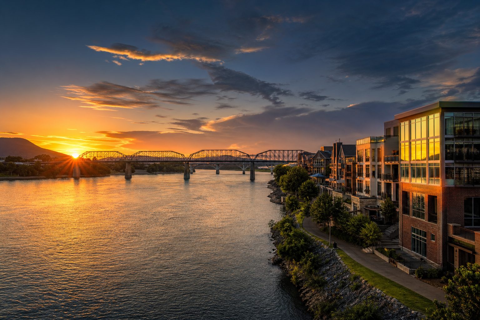 AI-generated concept image of downtown Chattanooga, Tennessee at sunset along the Tennessee River
